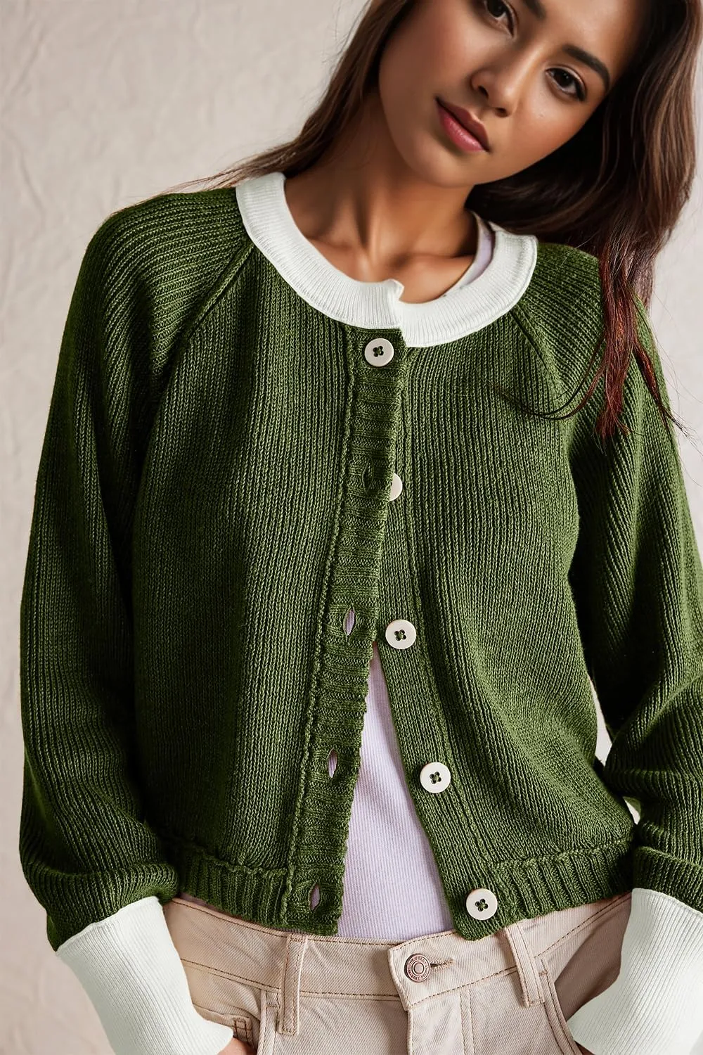 Women's Cropped Cardigan Sweaters Fall Long Sleeve Open Front Cardigans Button Down Color Block Crewneck Knit Outwear Coats
