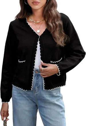 Womens Cropped Cardigan Sweaters Lightweight Long Sleeve Button Down Knit Coat Shrug Tops 2024 Fall Outerwear