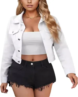 Women's Denim Jackets Cropped Long Sleeve Button Down Lapel Washed Denim Jackets for Women Trendy