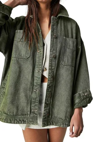 Women's Denim Jackets Oversize Long Sleeve Basic Button Down Coat with Pockets