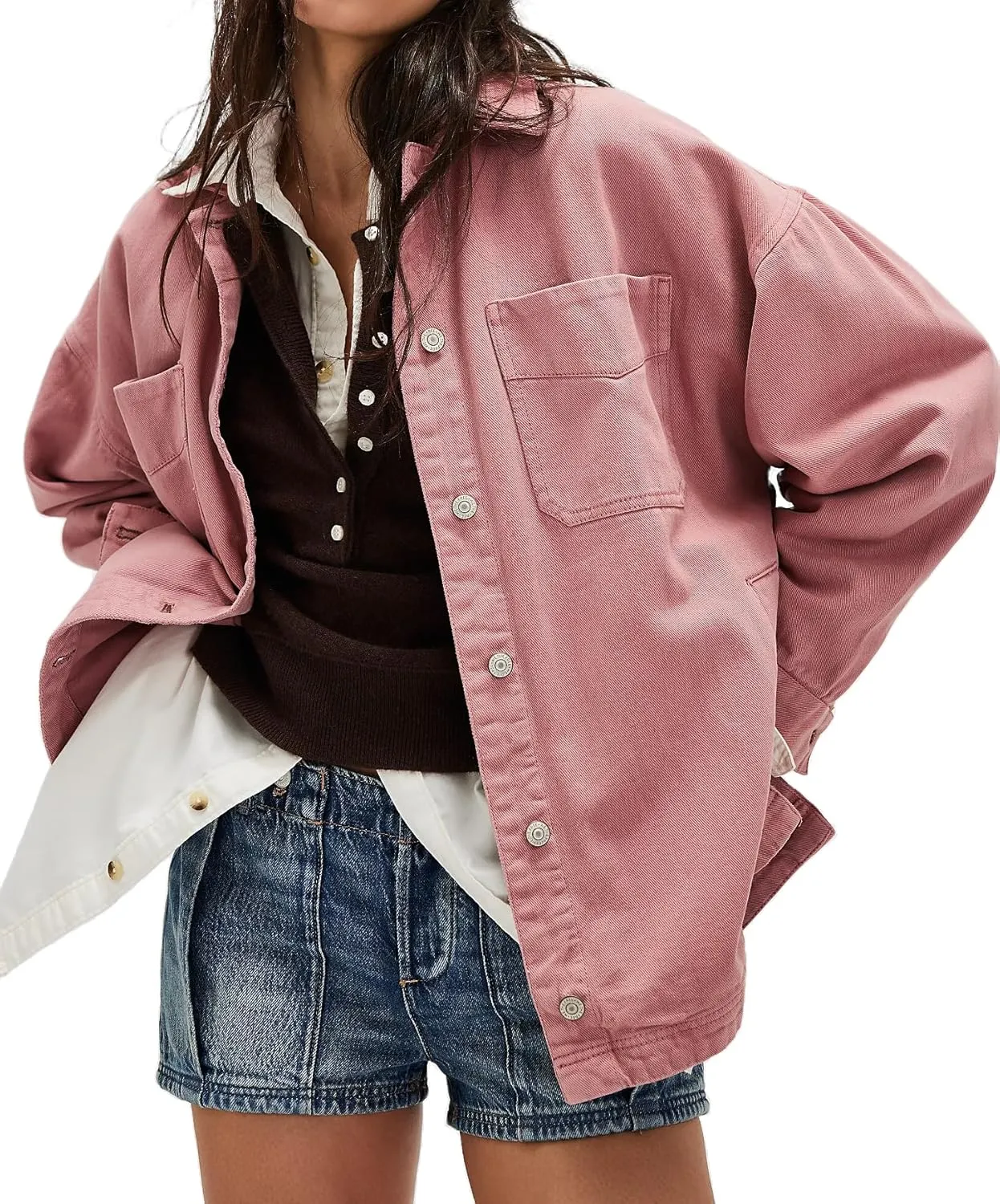Women's Denim Jackets Oversize Long Sleeve Basic Button Down Coat with Pockets
