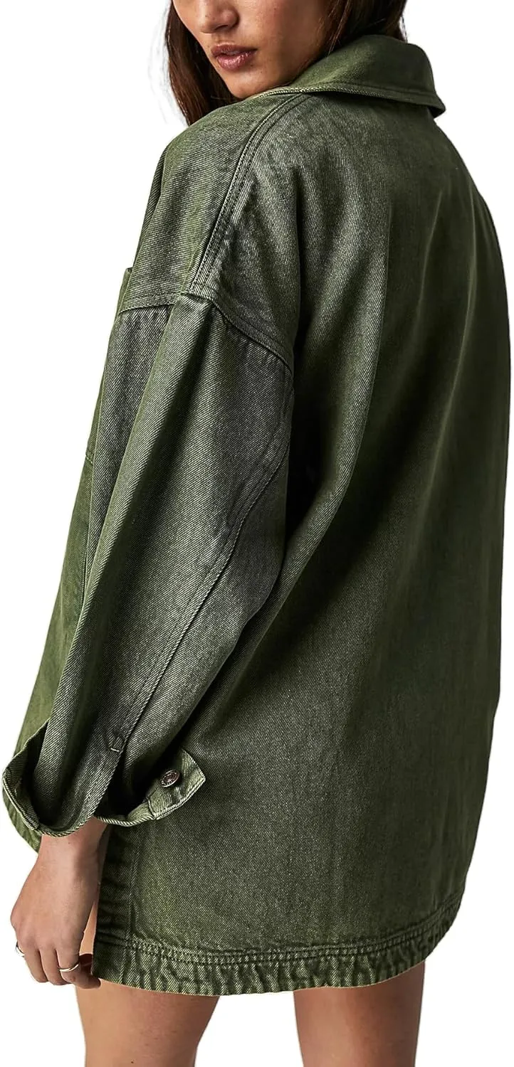 Women's Denim Jackets Oversize Long Sleeve Basic Button Down Coat with Pockets