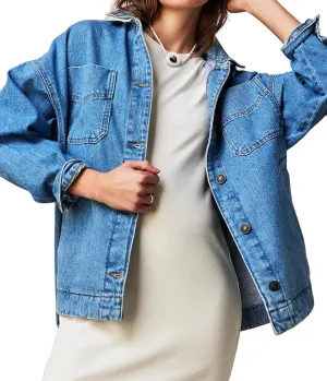 Women's Denim Jackets Oversize Long Sleeve Basic Button Down Coat with Pockets