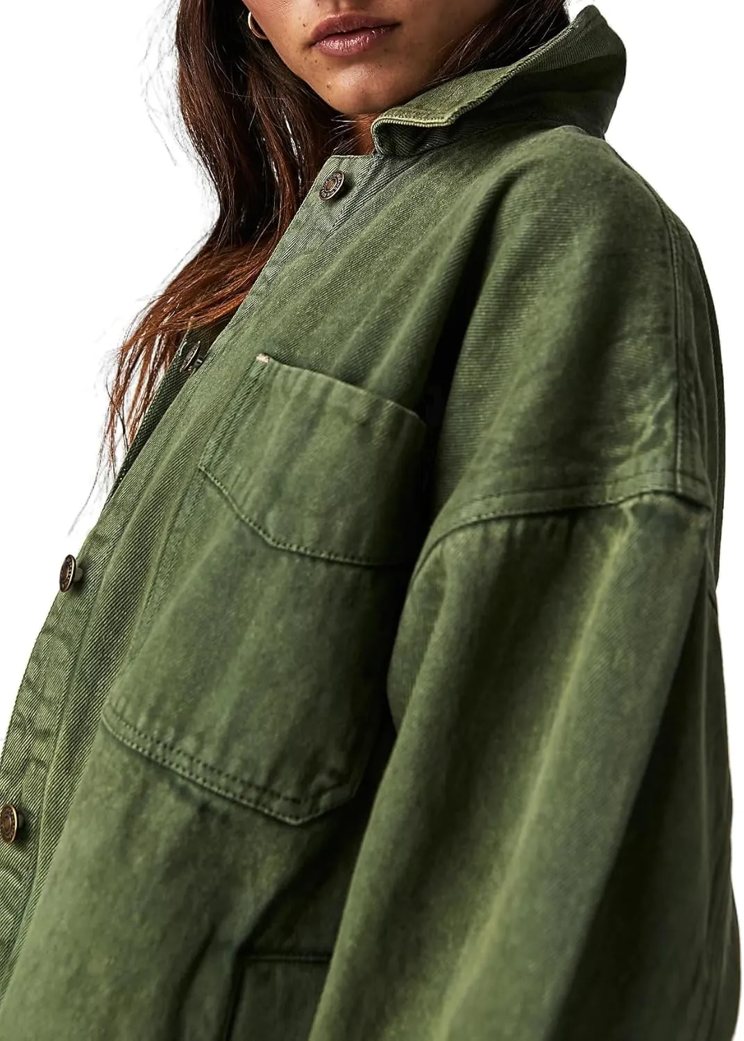 Women's Denim Jackets Oversize Long Sleeve Basic Button Down Coat with Pockets