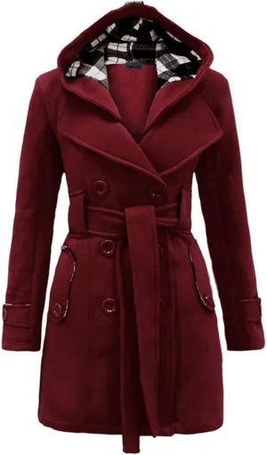 Women's Double Breasted Pea Coat Fashion Plaid Lining Hooded Mid-Long Trench Coat with Belt Slim Warm Winter Coats