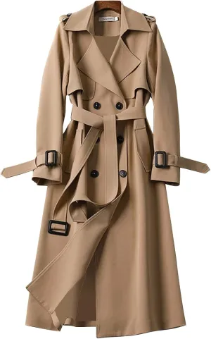 Women's Double Breasted Trench Coats Mid-Length Belted Overcoat Long Dress Jacket,Trench Coats Long