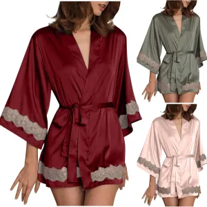 Women's Faux Silk Bathrobe Lace Bath Robe Pajamas Long Sleeve Sleepwear with Belt Nightdress Nightgown Soft Nightwear