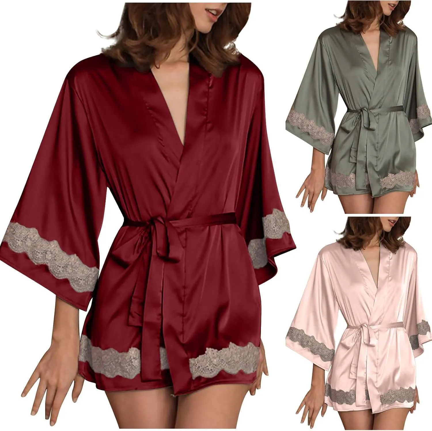 Women's Faux Silk Bathrobe Lace Bath Robe Pajamas Long Sleeve Sleepwear with Belt Nightdress Nightgown Soft Nightwear