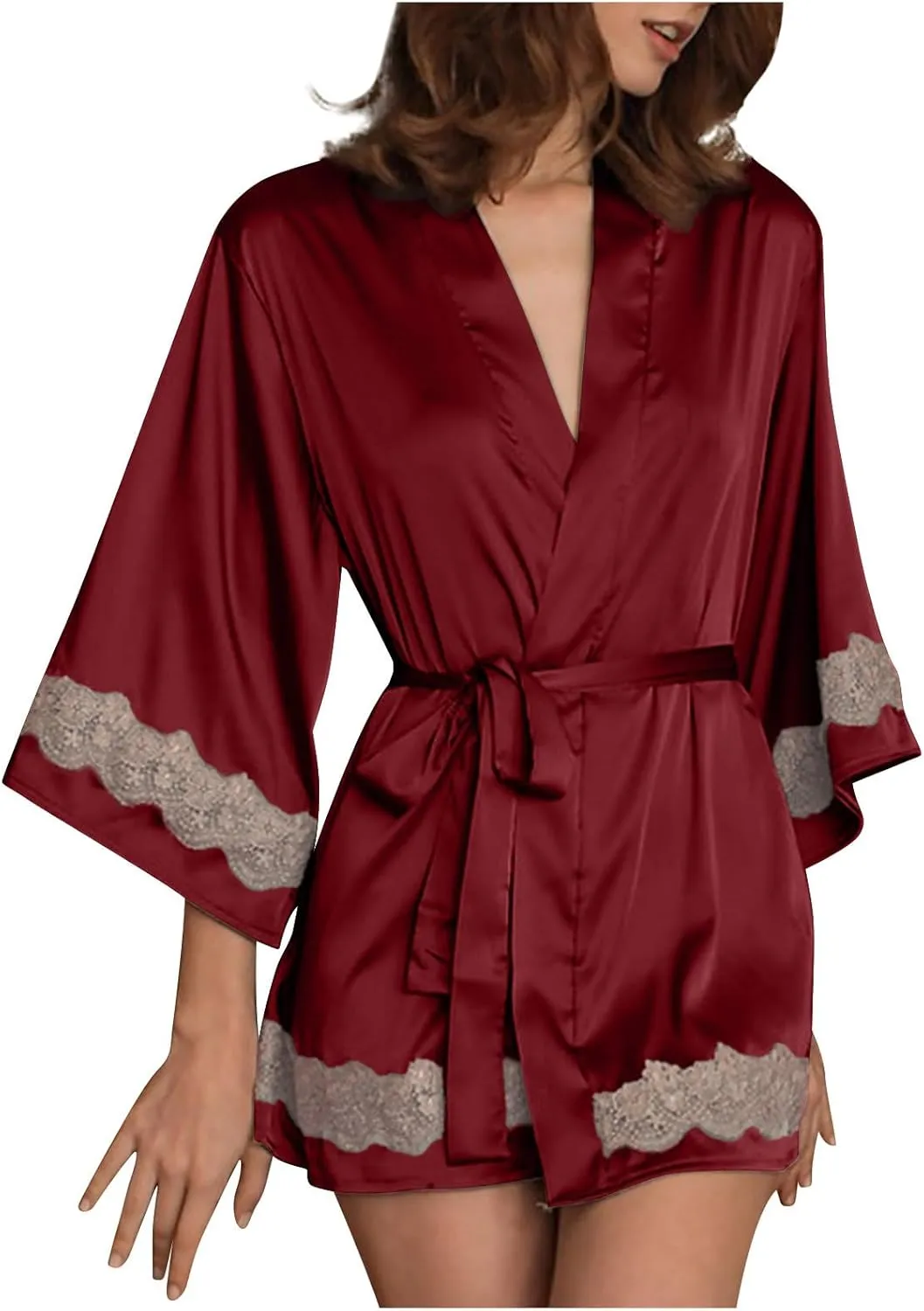 Women's Faux Silk Bathrobe Lace Bath Robe Pajamas Long Sleeve Sleepwear with Belt Nightdress Nightgown Soft Nightwear