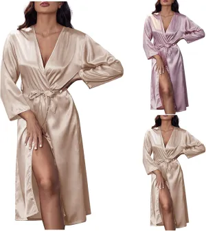Women's Faux Silk Bathrobe Pajama Robe with Belt Long Sleeve Sleepwear Soft Pyjamas Nightwear Solid Color Nightgown