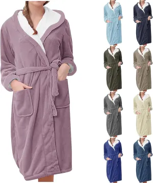 Womens Flannel Hooded Bathrobe Plush Pajamas Robe Long Loungewear Solid Color Sleepwear Warm Nightwear Soft Nightgown