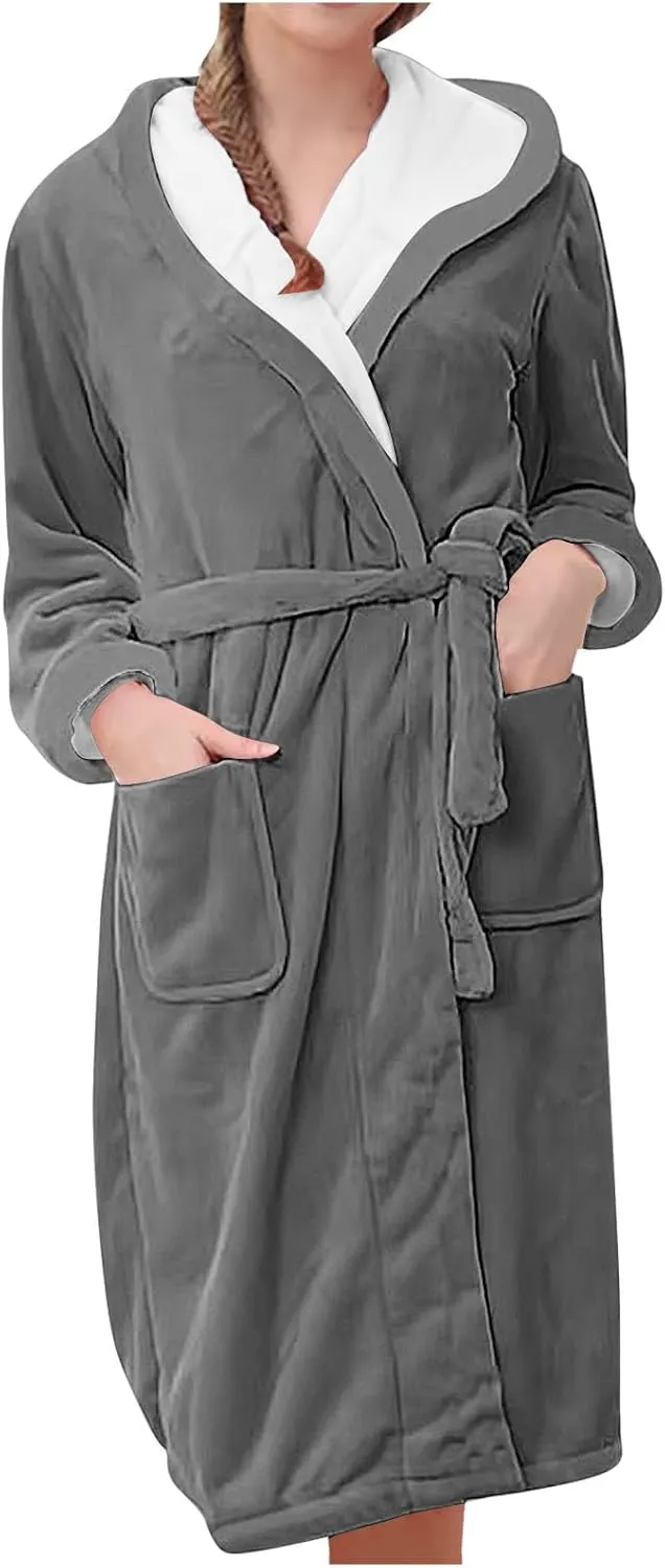 Womens Flannel Hooded Bathrobe Plush Pajamas Robe Long Loungewear Solid Color Sleepwear Warm Nightwear Soft Nightgown