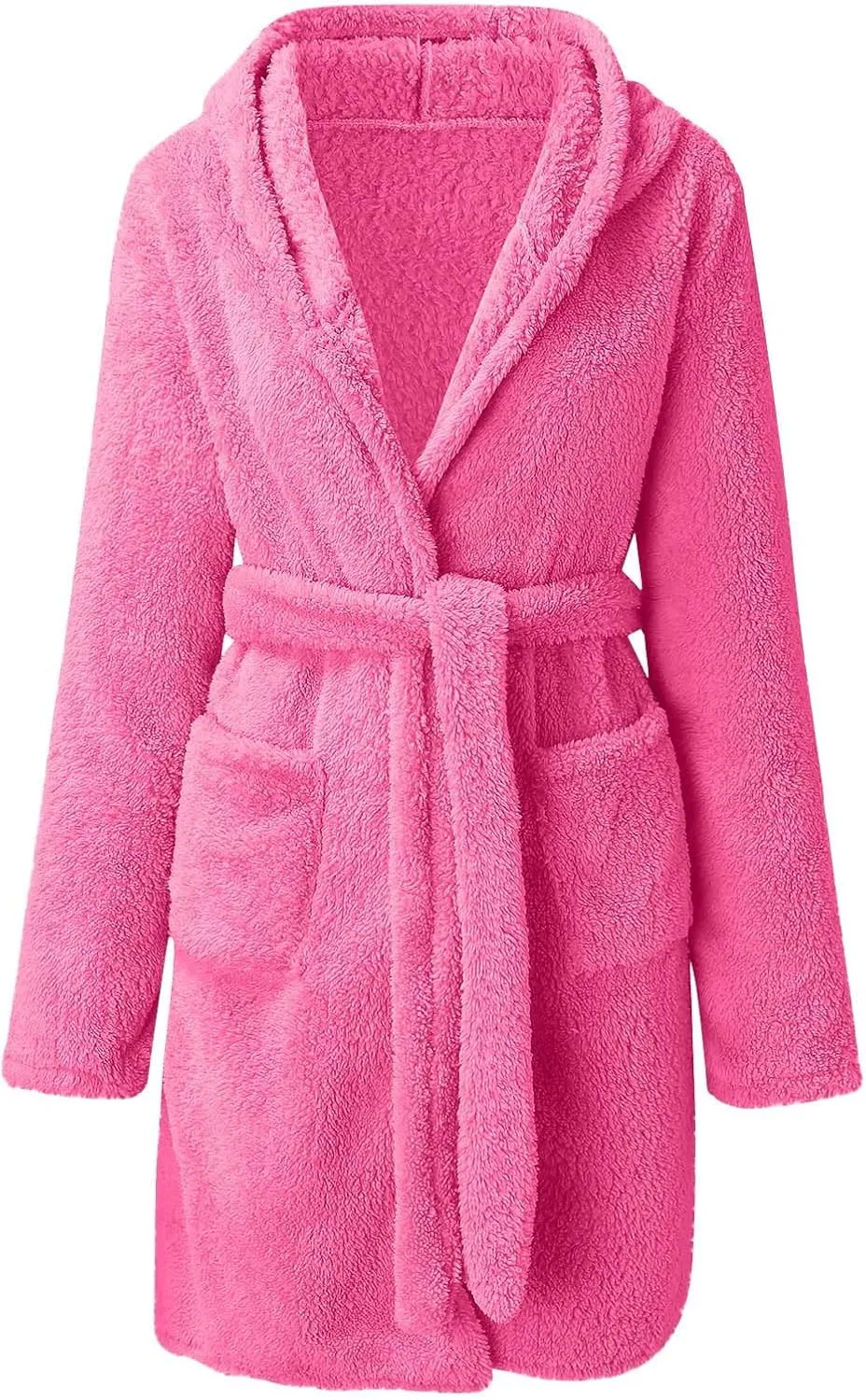 Women's Fleece Bathrobe Long Sleeve Sleepwear Robe Soft Solid Color Loungewear V-Neck Pajamas Faux Velvet Nightgowns