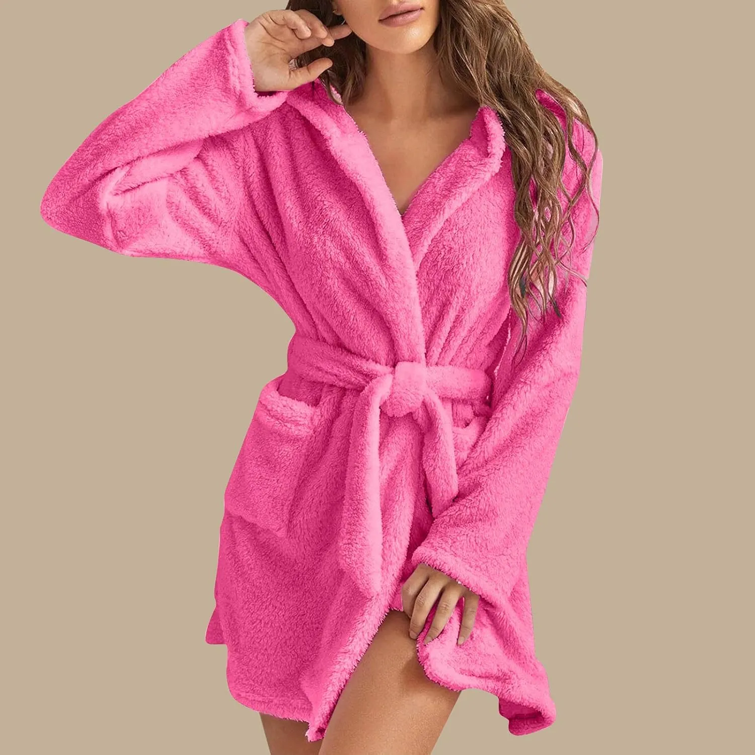Women's Fleece Bathrobe Long Sleeve Sleepwear Robe Soft Solid Color Loungewear V-Neck Pajamas Faux Velvet Nightgowns