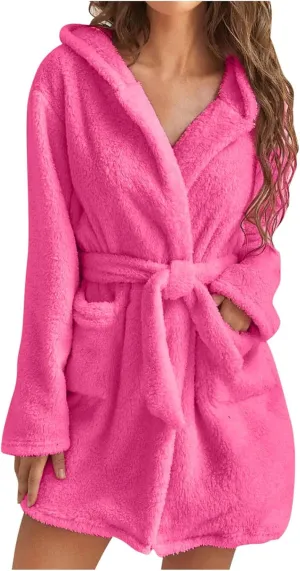 Women's Fleece Bathrobe Long Sleeve Sleepwear Robe Soft Solid Color Loungewear V-Neck Pajamas Faux Velvet Nightgowns
