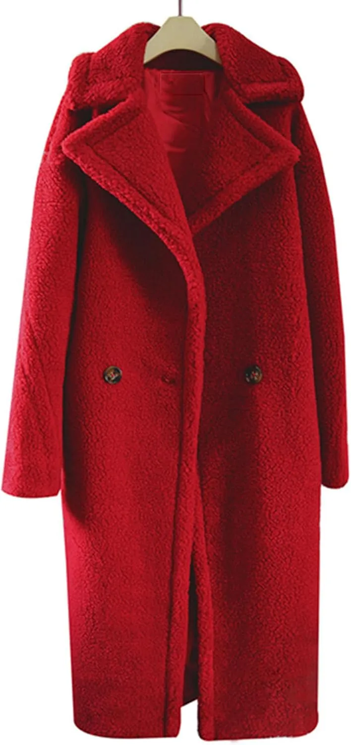 Women's Fleece Lapel Collar Trench Coat Open Front Long Cardigan Overcoat Winter Warm Outwear Jackets