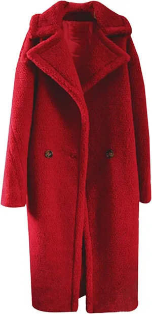 Women's Fleece Lapel Collar Trench Coat Open Front Long Cardigan Overcoat Winter Warm Outwear Jackets