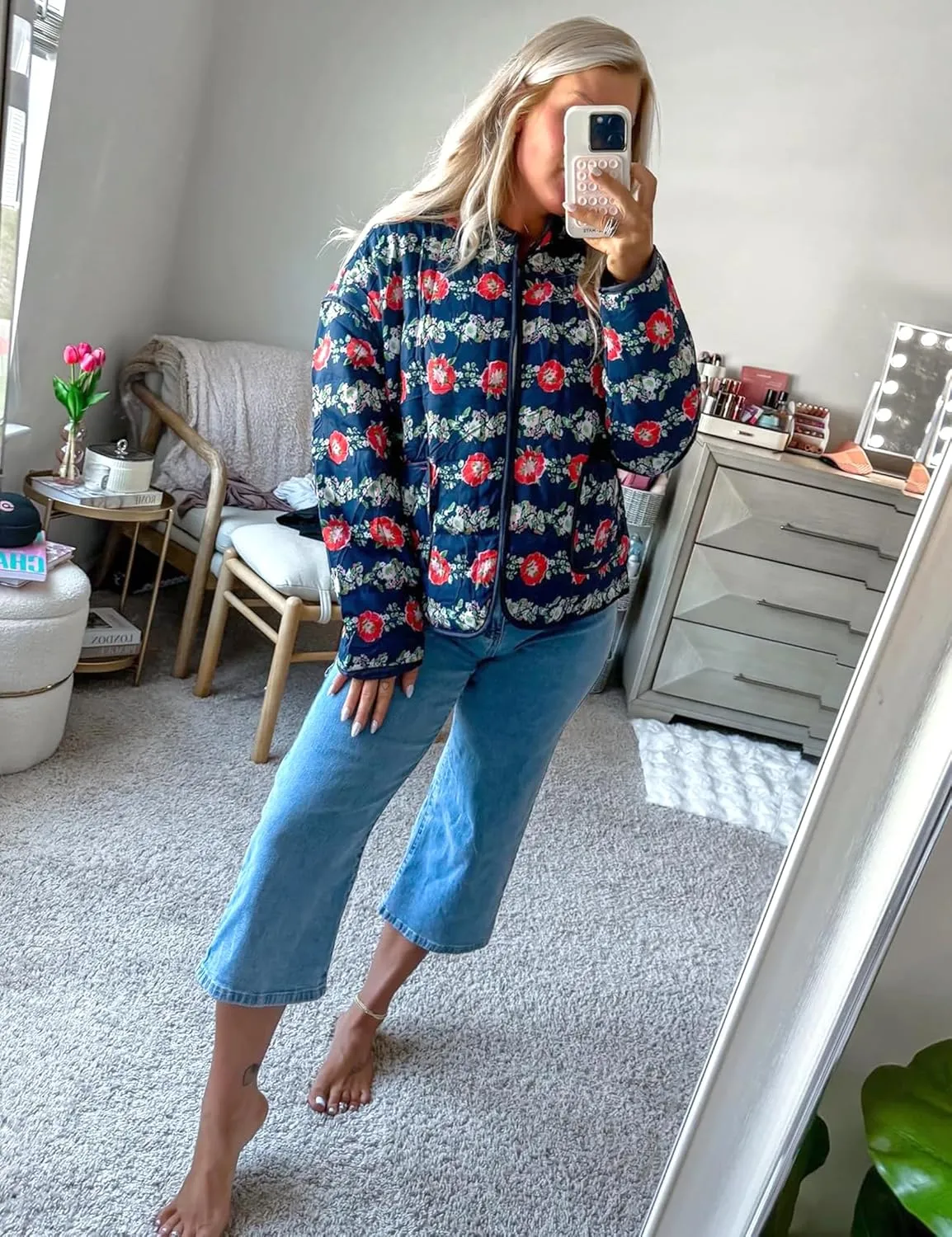 Womens Floral Quilted Jackets Lightweight Cropped Button Down Padded Puffer Jacket Winter Warm Coats