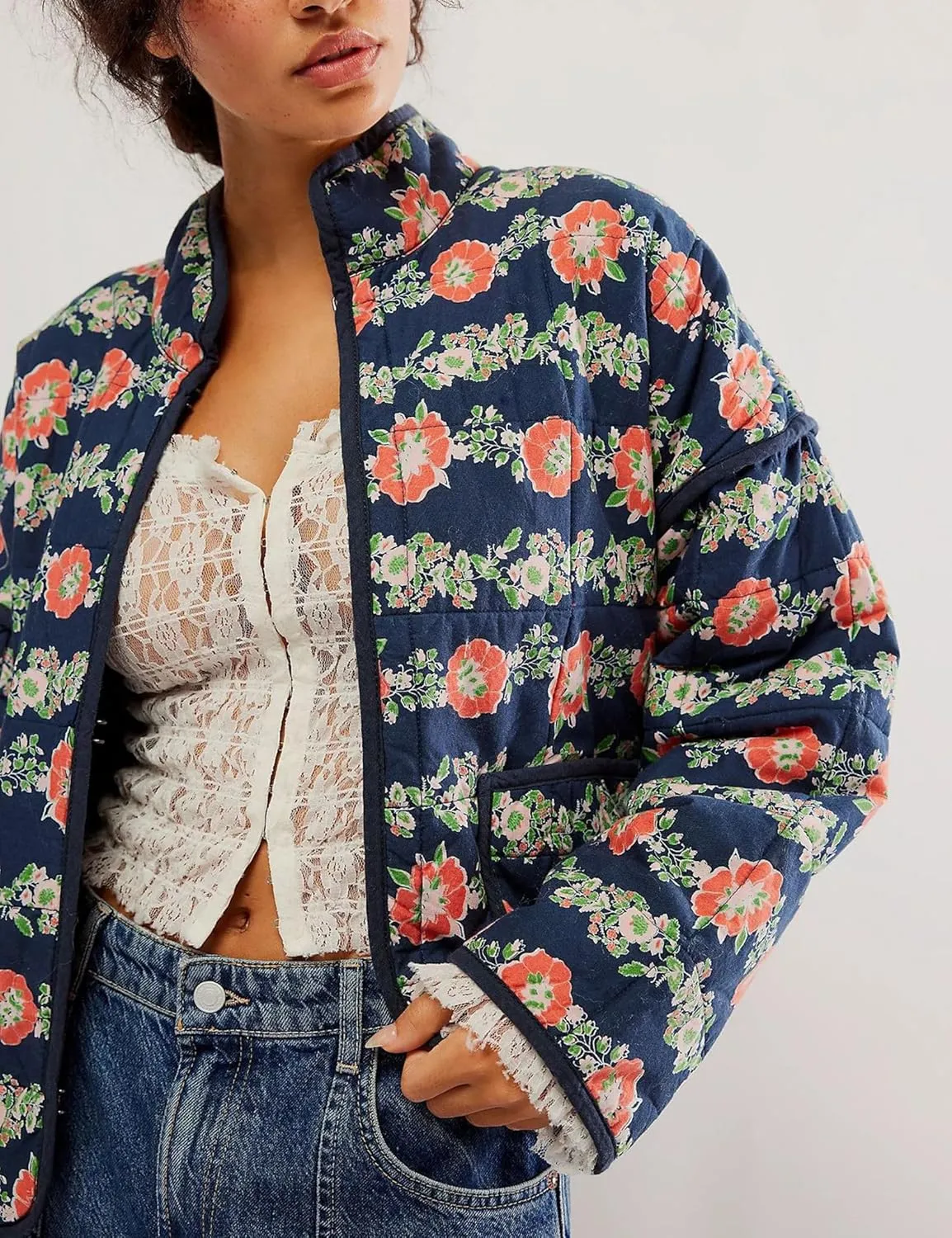 Womens Floral Quilted Jackets Lightweight Cropped Button Down Padded Puffer Jacket Winter Warm Coats