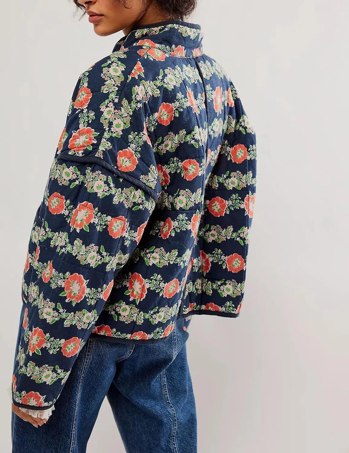 Womens Floral Quilted Jackets Lightweight Cropped Button Down Padded Puffer Jacket Winter Warm Coats
