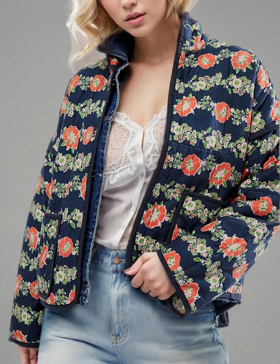 Womens Floral Quilted Jackets Lightweight Cropped Button Down Padded Puffer Jacket Winter Warm Coats