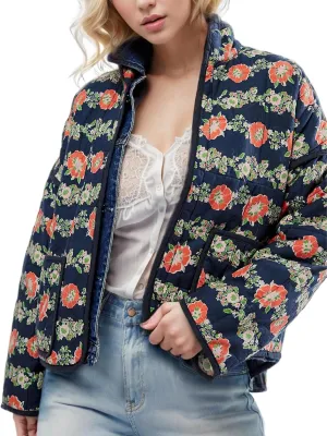 Womens Floral Quilted Jackets Lightweight Cropped Button Down Padded Puffer Jacket Winter Warm Coats