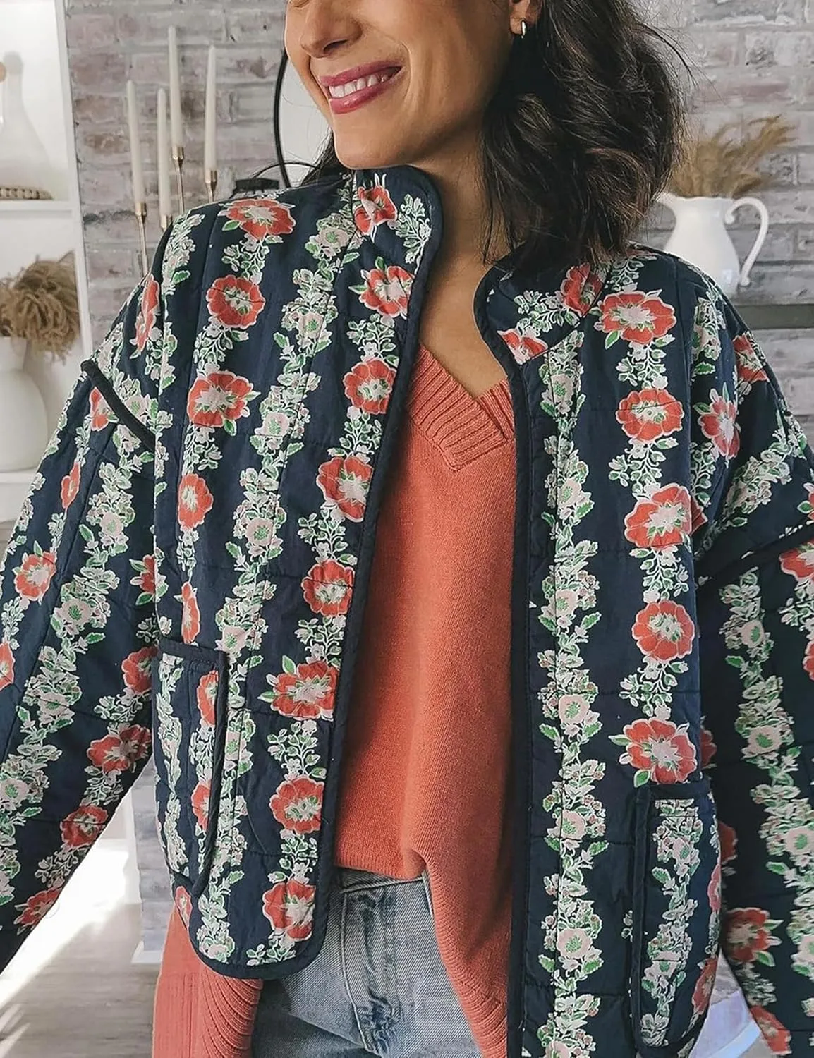 Womens Floral Quilted Jackets Lightweight Cropped Button Down Padded Puffer Jacket Winter Warm Coats