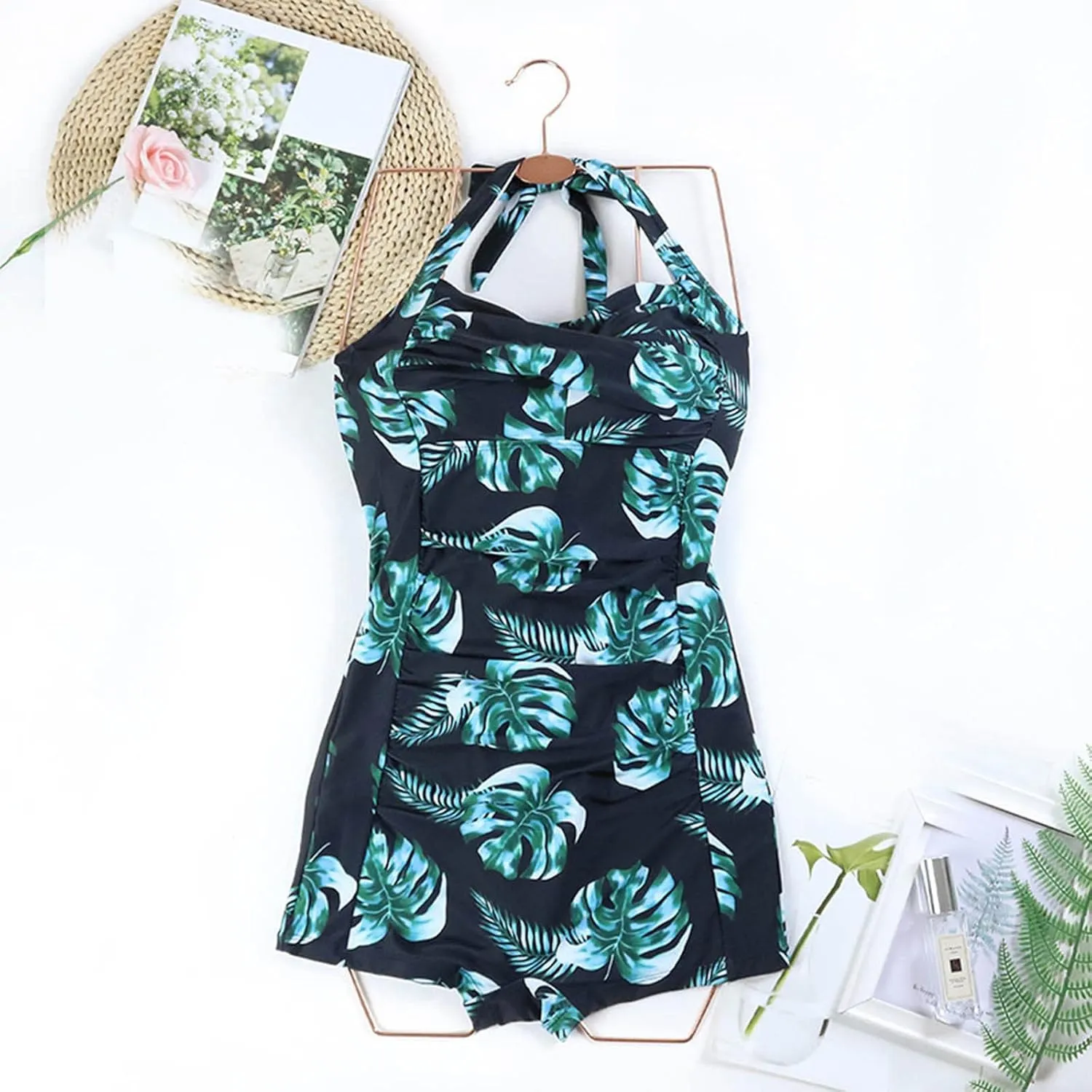 Women's Floral Retro Halter Bathing Suits Vintage One Piece Swimsuit for Women Tummy Control Ruched Push up Swimsuit