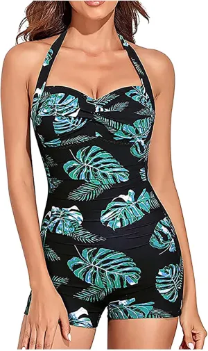 Women's Floral Retro Halter Bathing Suits Vintage One Piece Swimsuit for Women Tummy Control Ruched Push up Swimsuit