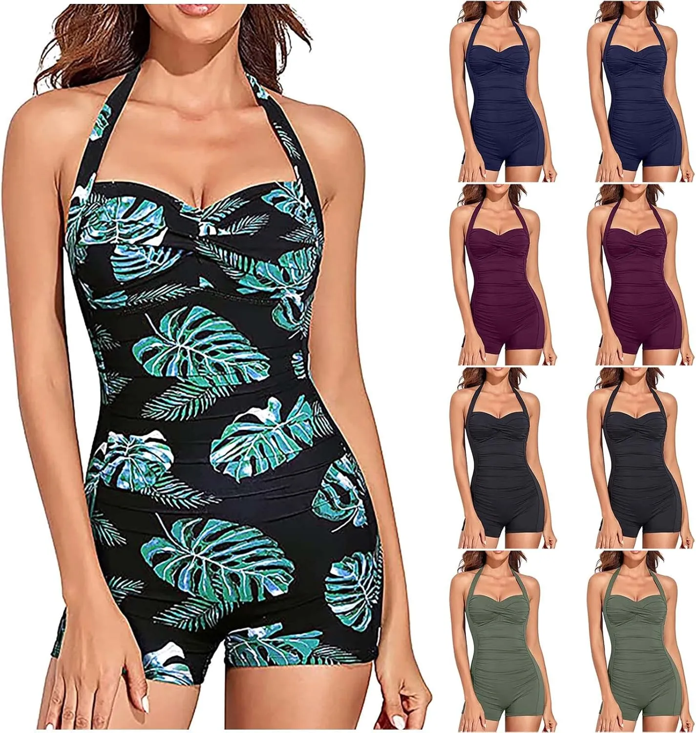 Women's Floral Retro Halter Bathing Suits Vintage One Piece Swimsuit for Women Tummy Control Ruched Push up Swimsuit