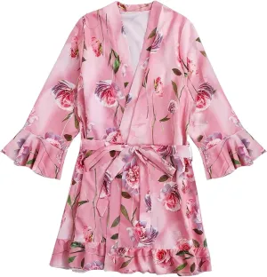 Women's Floral Satin Robes Sexy Loungewear Bathrobe Bridesmaids Short Kimono Robe with Belt Pure Silky