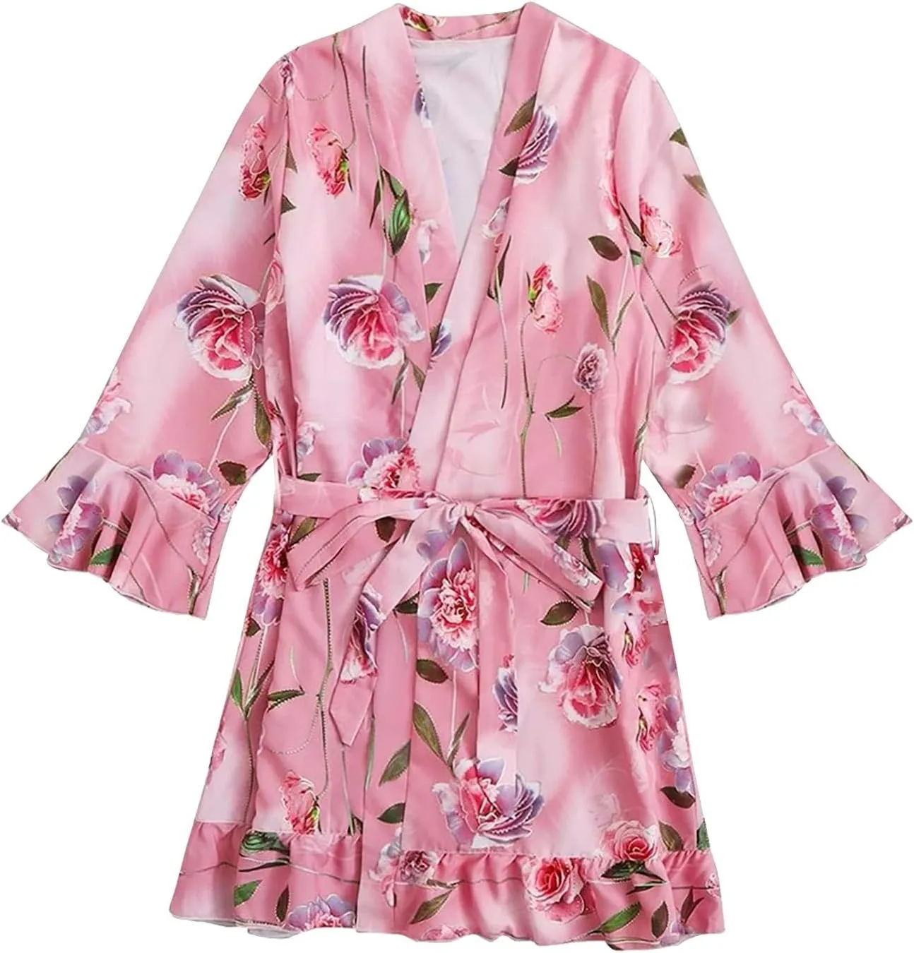 Women's Floral Satin Robes Sexy Loungewear Bathrobe Bridesmaids Short Kimono Robe with Belt Pure Silky