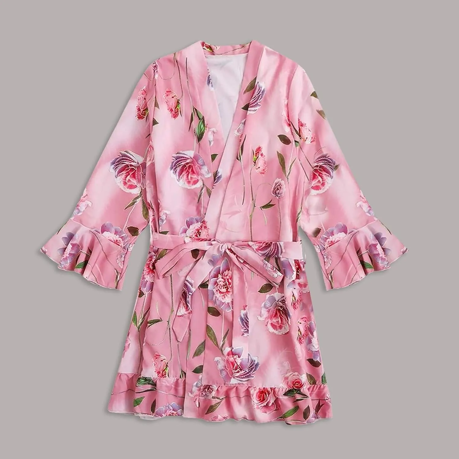 Women's Floral Satin Robes Sexy Loungewear Bathrobe Bridesmaids Short Kimono Robe with Belt Pure Silky