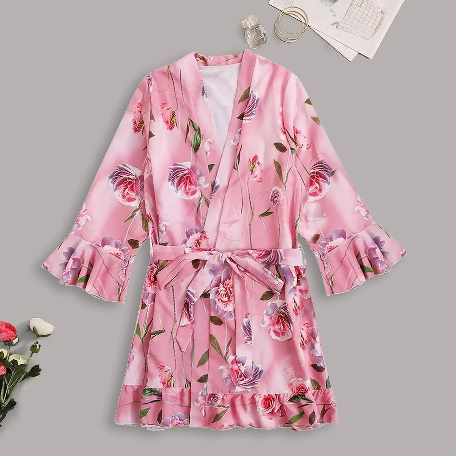 Women's Floral Satin Robes Sexy Loungewear Bathrobe Bridesmaids Short Kimono Robe with Belt Pure Silky