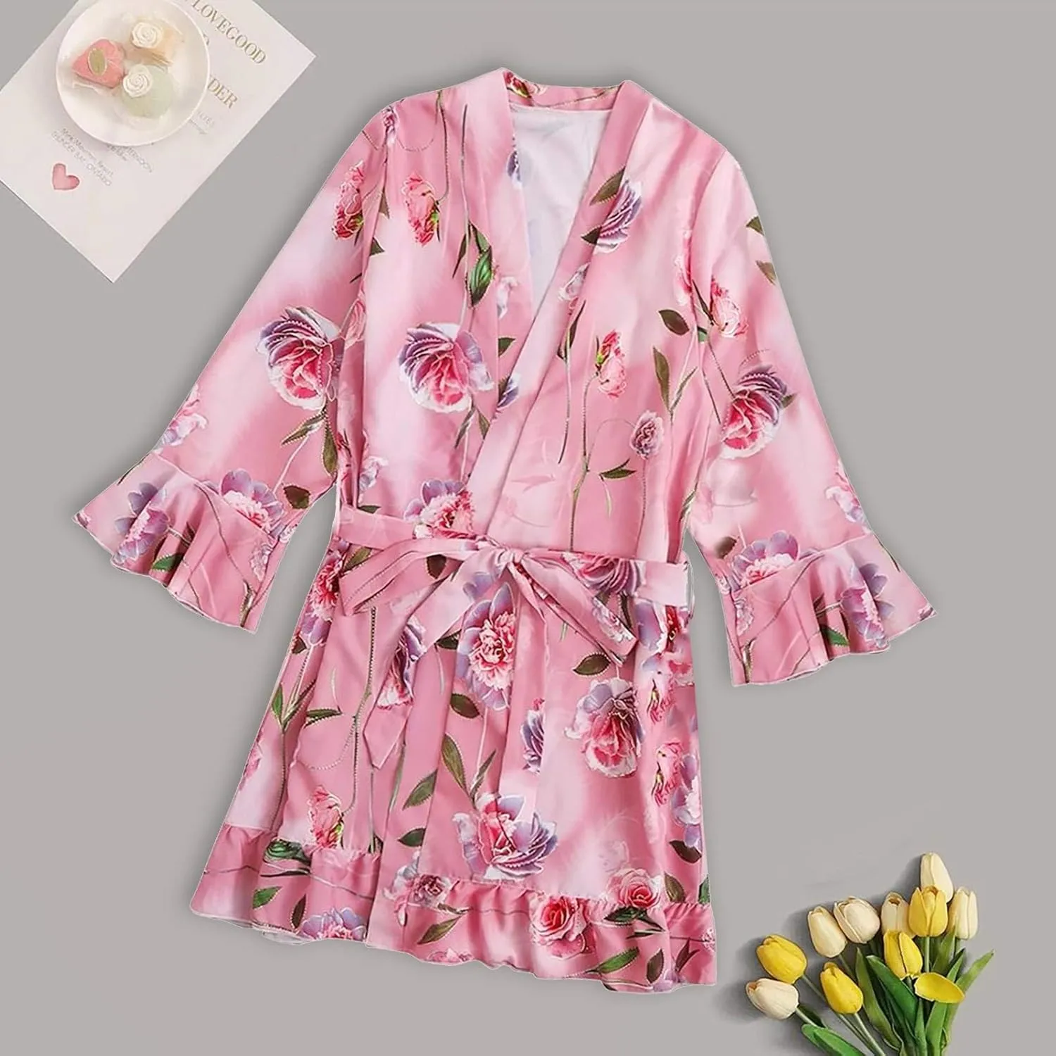 Women's Floral Satin Robes Sexy Loungewear Bathrobe Bridesmaids Short Kimono Robe with Belt Pure Silky