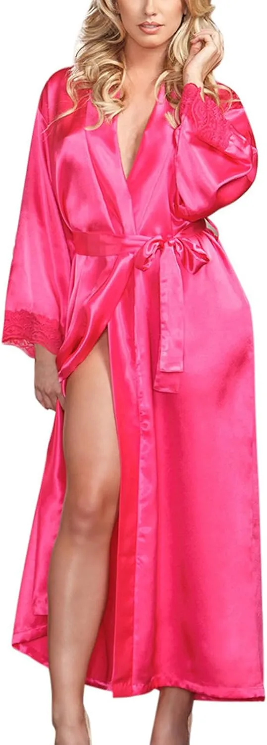 Women's Full Lenght Silky Satin Robes Lightweight Sexy Lace Trim Belted Sleepwear Bridesmaid Bride Party Bathrobes