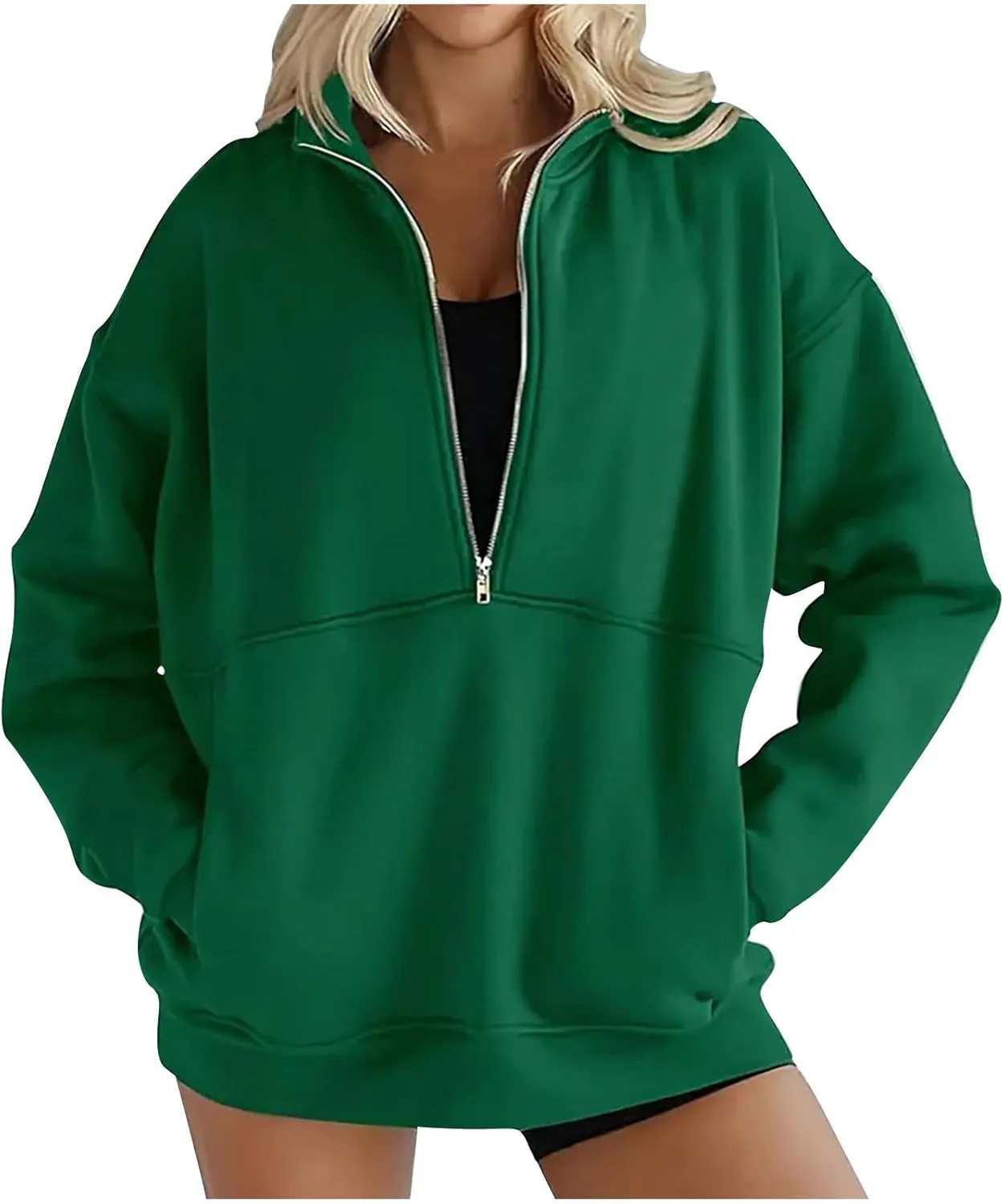 Women's Half Zip Sweatshirts Long Sleeve Drop Shoulder Pullover Casual Oversized Hoodies with Pocket