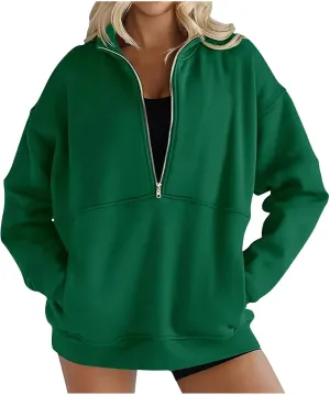 Women's Half Zip Sweatshirts Long Sleeve Drop Shoulder Pullover Casual Oversized Hoodies with Pocket