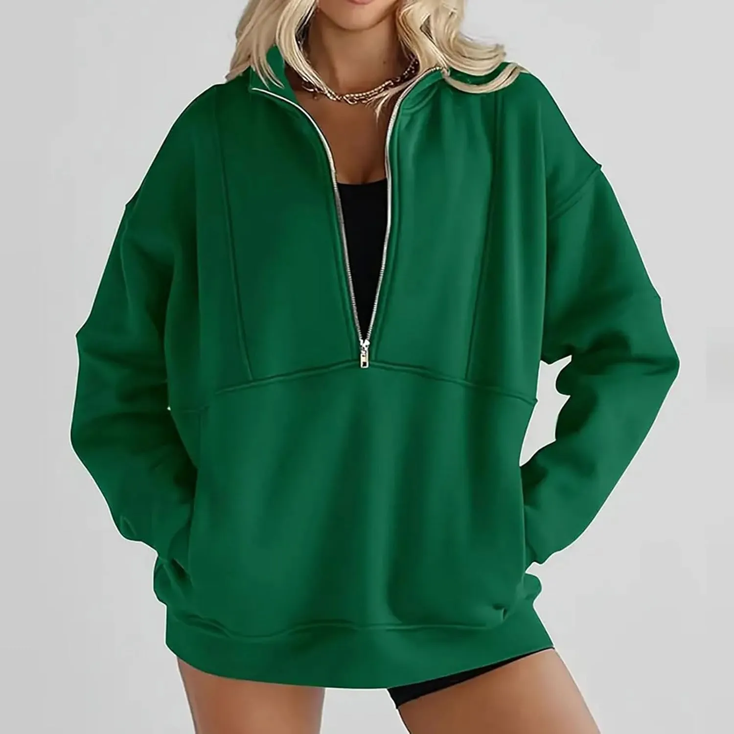 Women's Half Zip Sweatshirts Long Sleeve Drop Shoulder Pullover Casual Oversized Hoodies with Pocket