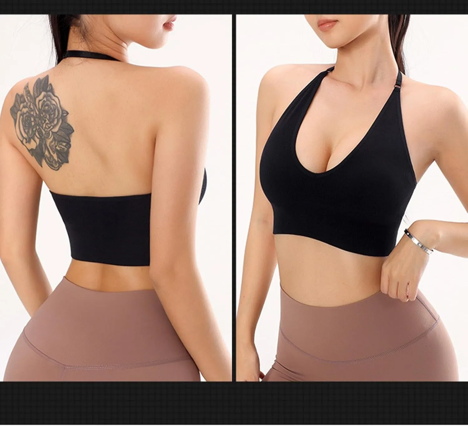 Women's Halterneck Sports Bra Backless Deep V Neck Sports Bustier Sexy Gym Push Up Bra Adjustable Straps Bras