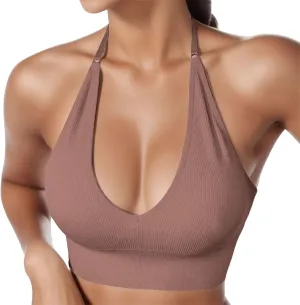 Women's Halterneck Sports Bra Backless Deep V Neck Sports Bustier Sexy Gym Push Up Bra Adjustable Straps Bras
