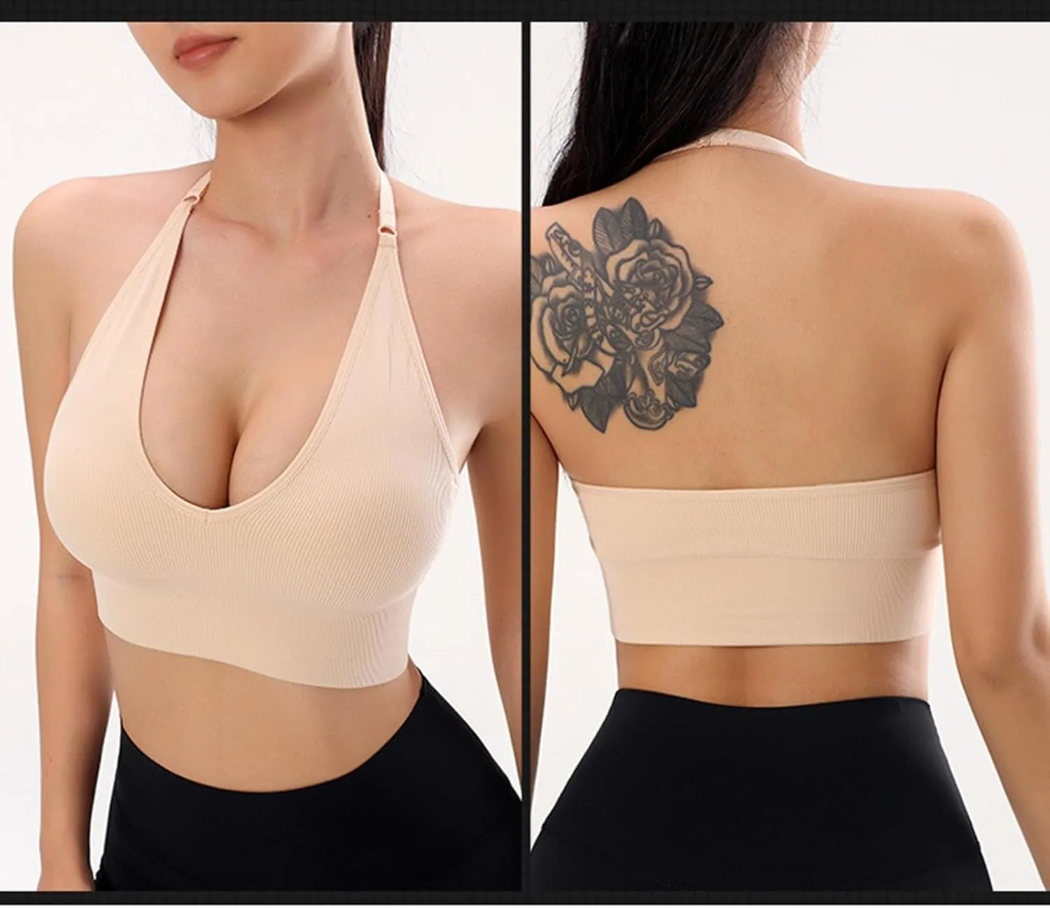 Women's Halterneck Sports Bra Backless Deep V Neck Sports Bustier Sexy Gym Push Up Bra Adjustable Straps Bras