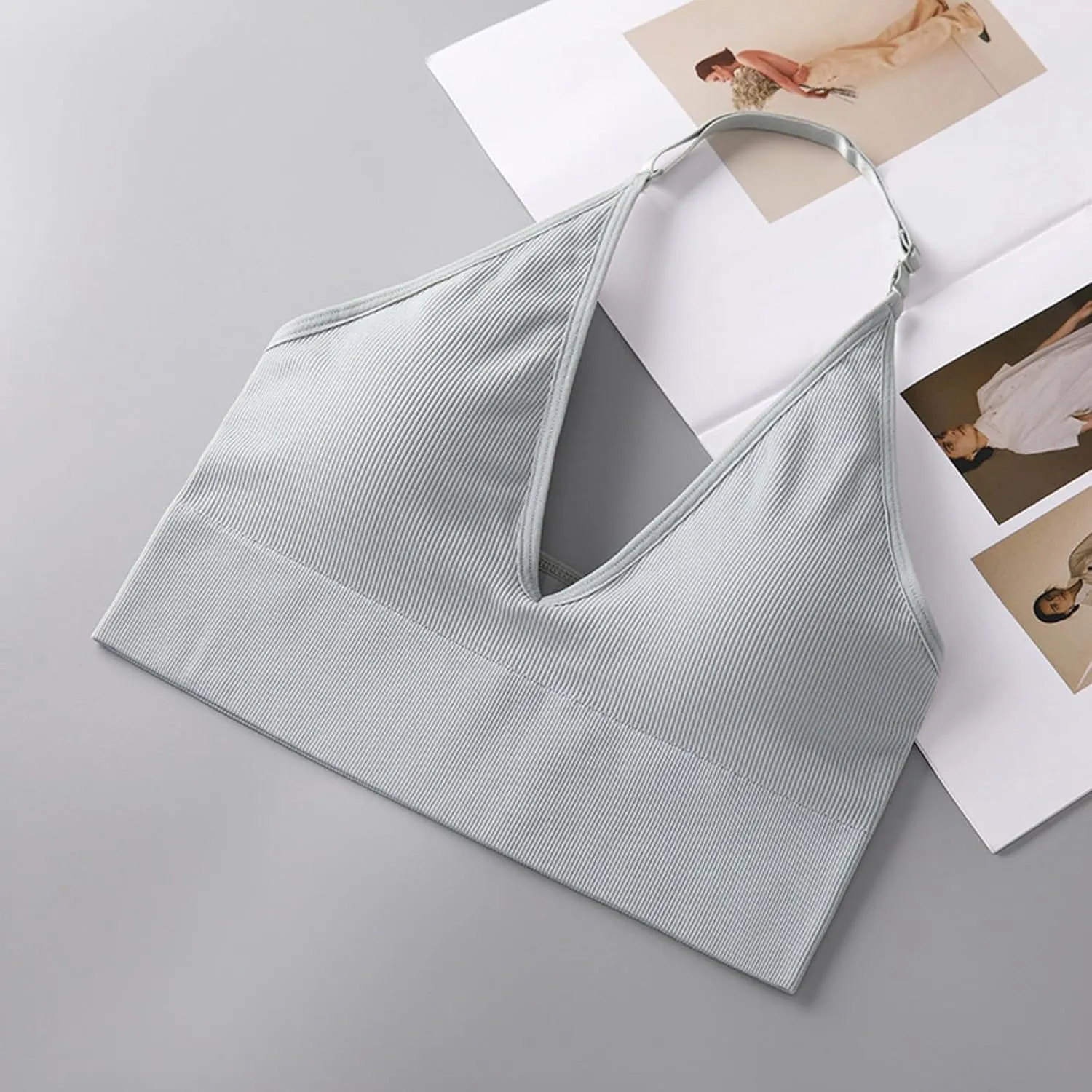 Women's Halterneck Sports Bra Backless Deep V Neck Sports Bustier Sexy Gym Push Up Bra Adjustable Straps Bras