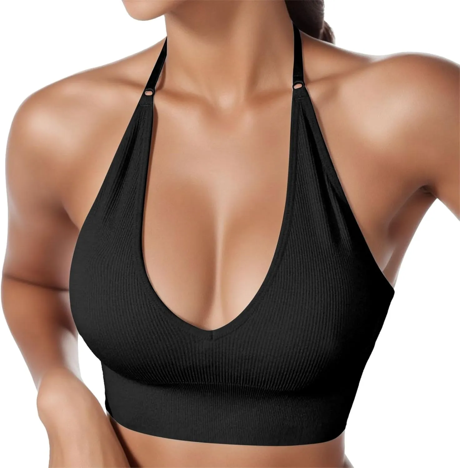 Women's Halterneck Sports Bra Backless Deep V Neck Sports Bustier Sexy Gym Push Up Bra Adjustable Straps Bras