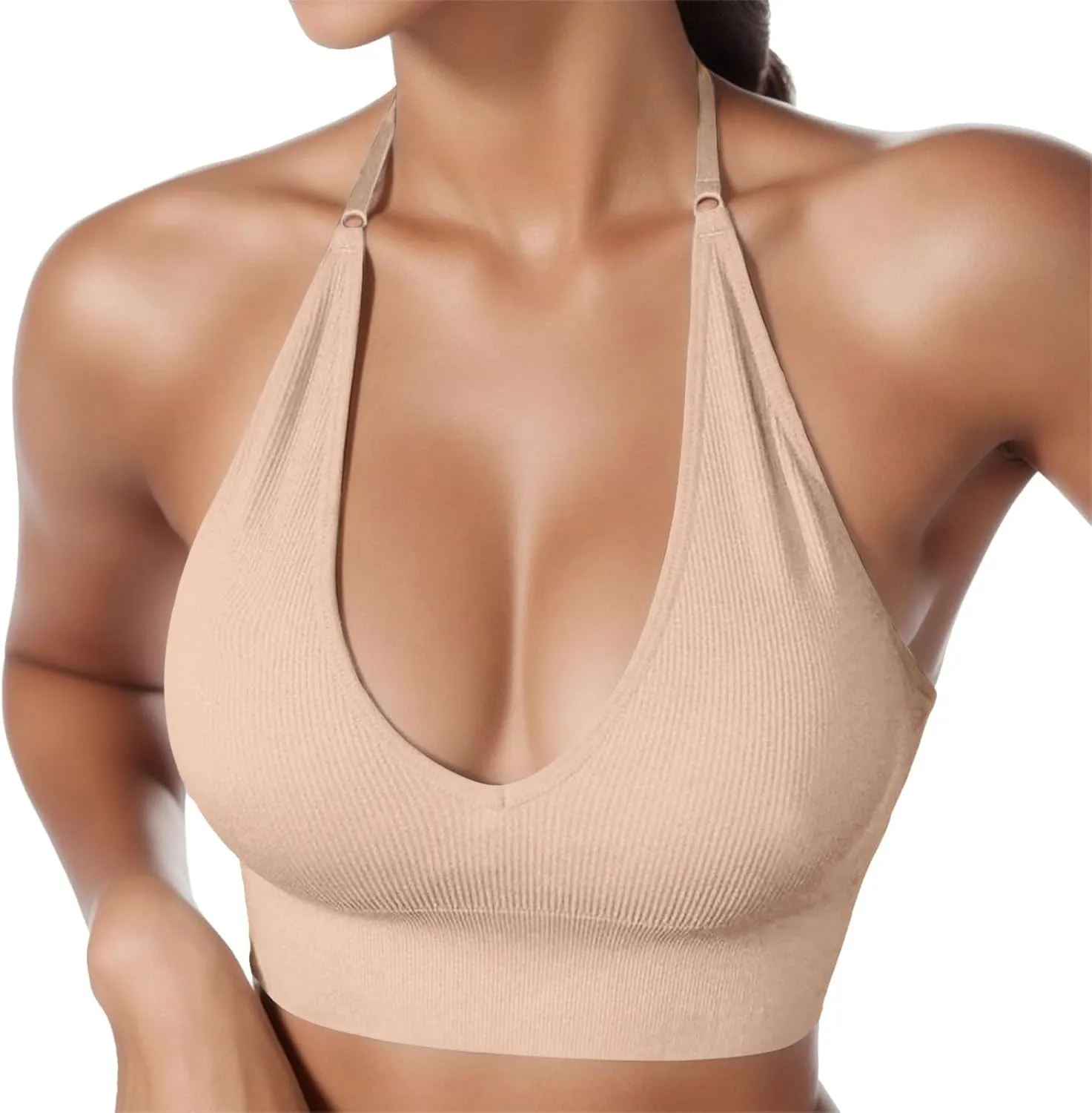 Women's Halterneck Sports Bra Backless Deep V Neck Sports Bustier Sexy Gym Push Up Bra Adjustable Straps Bras