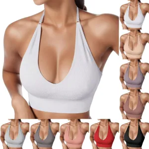 Women's Halterneck Sports Bra Backless Deep V Neck Sports Bustier Sexy Gym Push Up Bra Adjustable Straps Bras