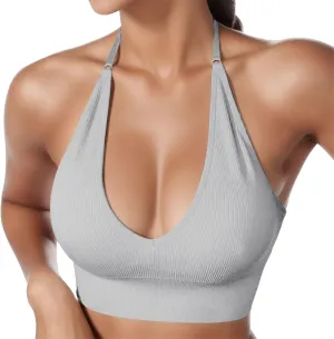 Women's Halterneck Sports Bra Backless Deep V Neck Sports Bustier Sexy Gym Push Up Bra Adjustable Straps Bras