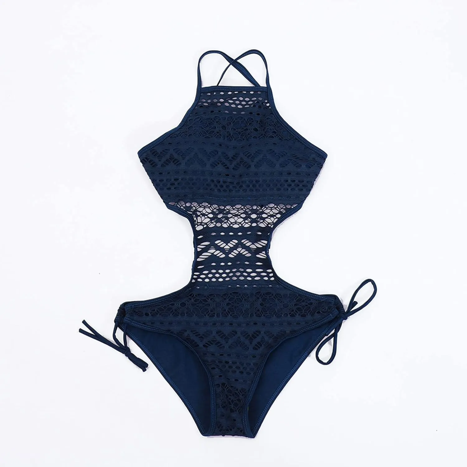 Womens High Neck Halter Bathing Suits Lace Up One Piece Swimsuits Hollow Out Swimwear Cutout Tie Side Monokinis