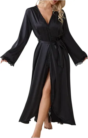 Women's Kimono Bathrobes Satin Lingerie Nightwear Lace Long Sleepshirt Silk Bridesmaid Nightgown Soft Chemise Dress