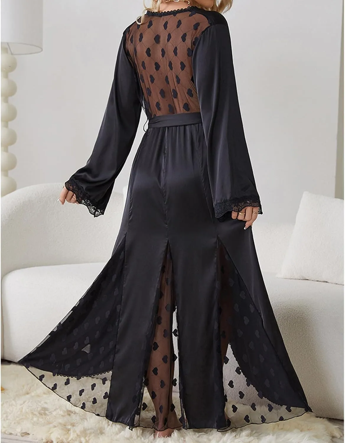 Women's Kimono Bathrobes Satin Lingerie Nightwear Lace Long Sleepshirt Silk Bridesmaid Nightgown Soft Chemise Dress